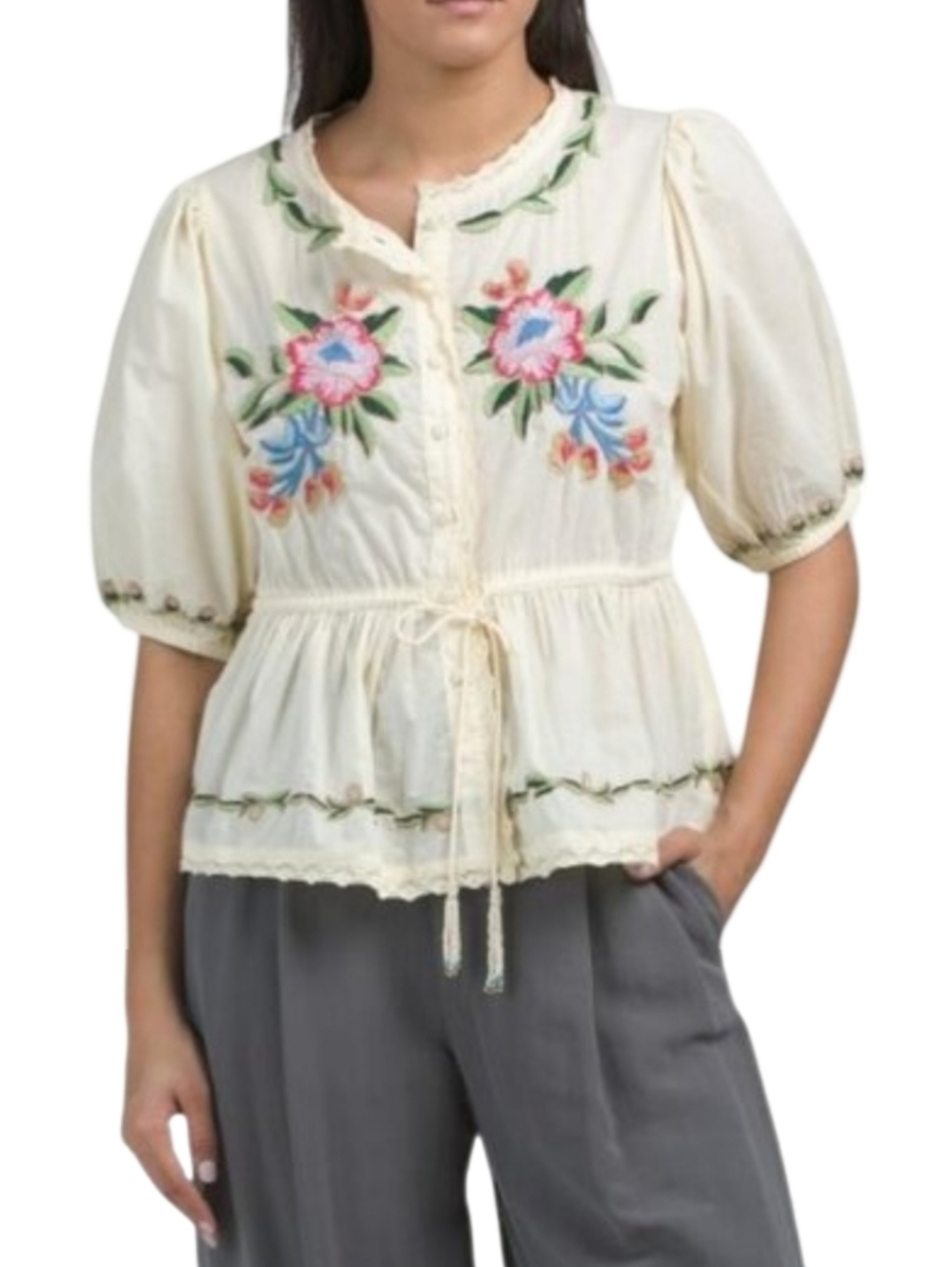 Jennifer &‎ Grace Cream Embroidered Lace-Trim Tie-Front Blouse Jacket Blazer M